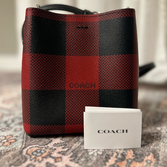 NWOT Coach Mini Town Crossbody Bucket Bag With Buffalo Plaid Print- Red/Black - Picture 4 of 8